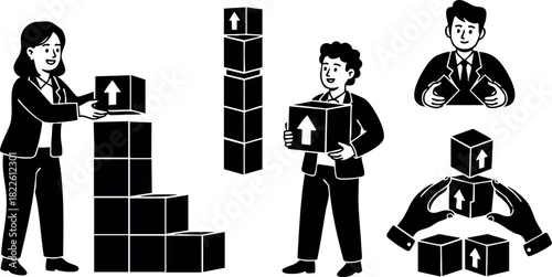 Business people stacking boxes in teamwork concept black silhouette vector