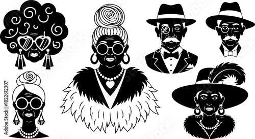 Vintage elegant characters collection in black silhouette style
