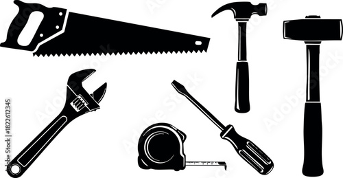 Silhouette vector illustration of hand tools including saw hammer wrench screwdriver and mallet