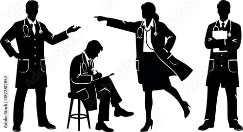 Silhouette group of medical doctors with stethoscopes in various poses