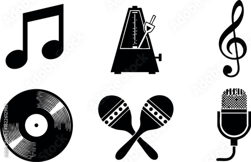Music notes metronome treble clef vinyl record maracas microphone vector illustration