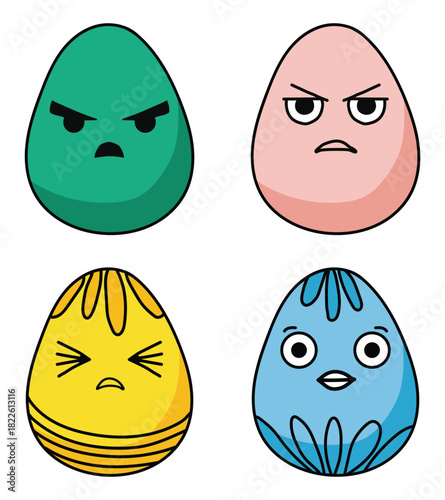 Four cute cartoon egg characters displaying different angry facial expressions
