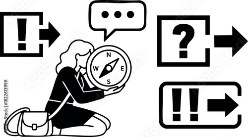 Woman holding compass with question and exclamation icons guidance concept