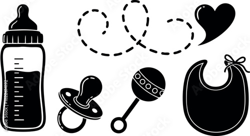 Baby feeding bottle pacifier rattle bib and heart vector icons