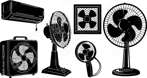 Black silhouette collection of various electric fans and air conditioning unit