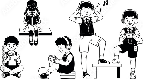 Children listening to music with headphones and reading books vector illustration