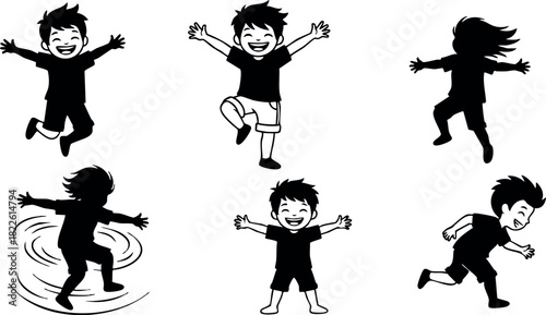 Silhouettes of happy children jumping running and spinning vector illustration