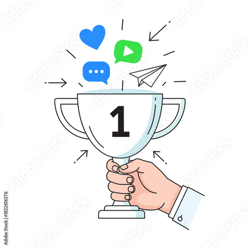 Social Media Engagement Awards and Success Trophy Messages Likes and Viral Marketing Concepts Illustration for Success