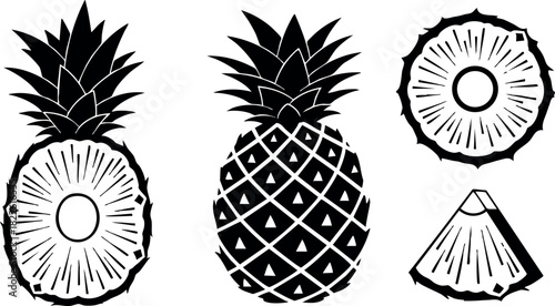 Black and white pineapple silhouette with sliced fruit vector illustration