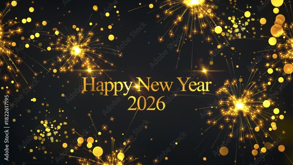 Happy New Year 2026 greeting with sparkling golden fireworks on a dark ...