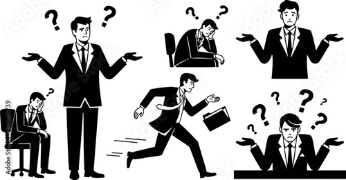 Businessman in various confused and thoughtful poses vector illustration
