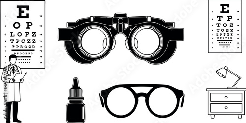 Optometrist eye test glasses vision chart and equipment vector illustration