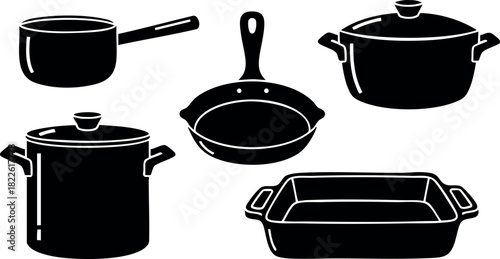 Black silhouette set of kitchen cookware including pot pan and baking dish
