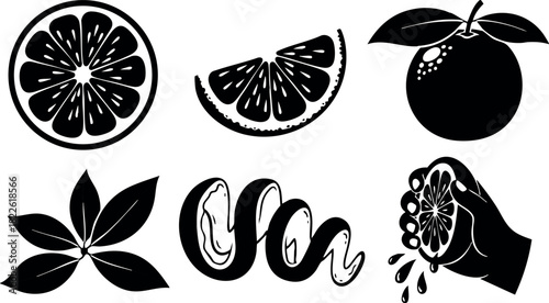 Black silhouette citrus fruit slices and hand squeezing juice vector illustration