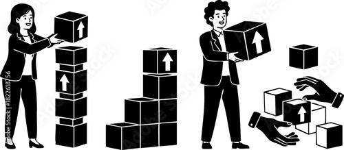 Business people stacking and handing over boxes in black and white vector illustration