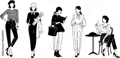 Stylish women fashion silhouettes in casual and elegant outfits