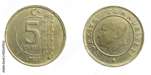 Fototapeta Naklejka Na Ścianę i Meble -  Turkey five kurus coin on a white isolated background