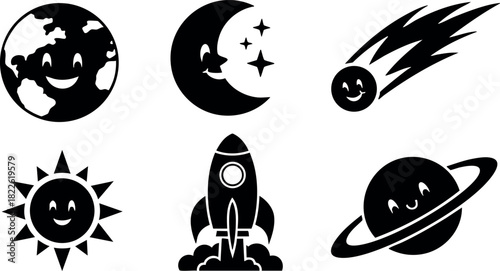Smiling celestial bodies vector illustration with earth moon sun comet rocket and planet