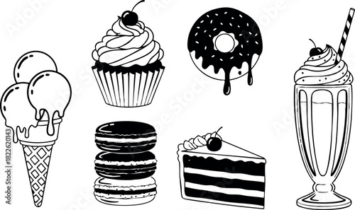 Black and white vector illustration of ice cream cupcake donut macaron cake and milkshake