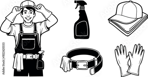 Professional cleaner with cleaning gloves spray bottle cap and belt vector set