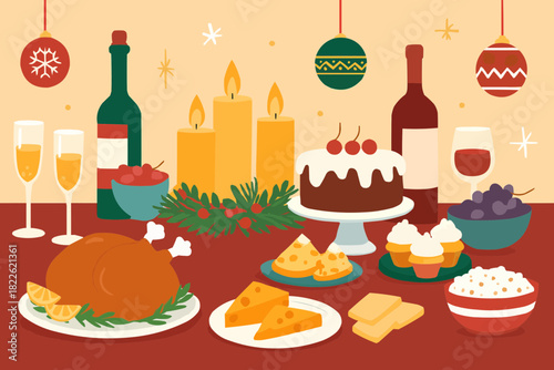 Party Table New Year Flat Vector