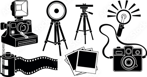 Vintage photography equipment vector illustration with cameras film and tripod