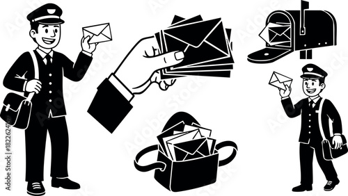 Mailman delivering letters with envelope and mailbox vector illustration