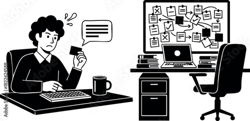 Stressed man working in busy office with computer and task board