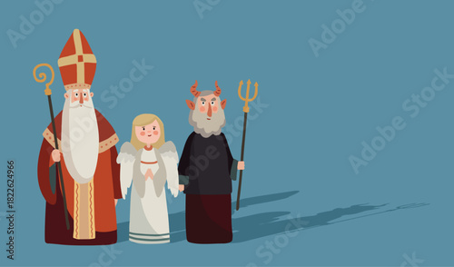 Cute hand drawn Saint Nicholas, angel, devil. St. Nicholas day greeting card, invitation. Winter season background. Czech Mikulas, Dutch Sinterklaas tradition. Flat design, vector illustration banner.