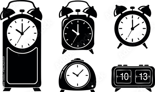 Black and white vintage alarm clock vector set