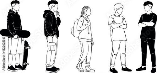 Black and white vector illustration of five young people in casual urban style with skateboard and backpacks