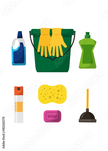 Household cleaning products and tools stock illustration.