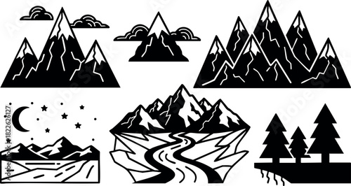 Black silhouette mountain landscape vector set with night sky and pine trees