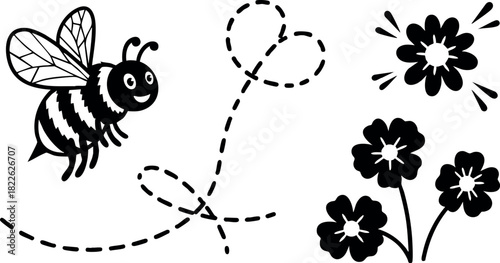 Cute bee flying with heart shaped trail and simple flower silhouettes