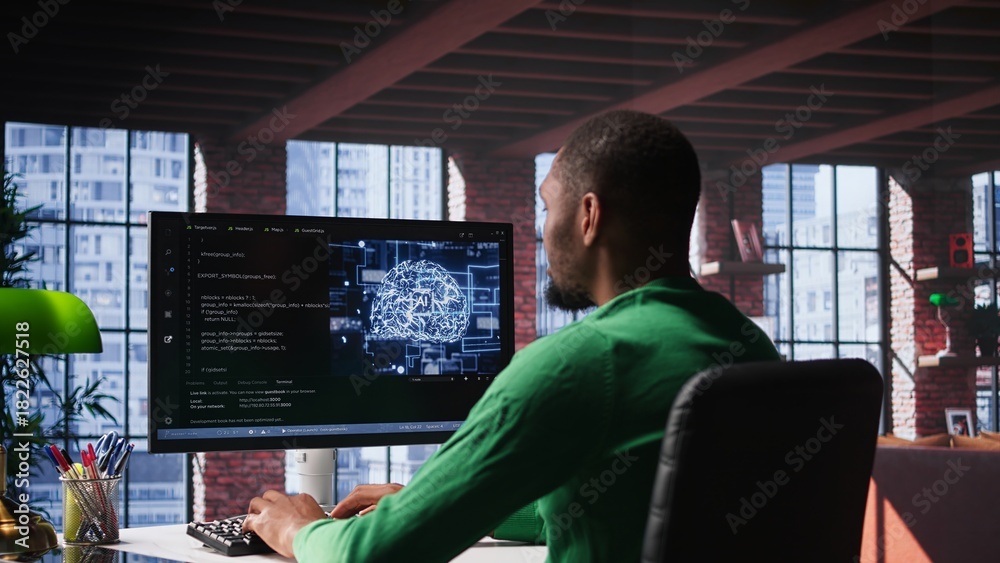 Fototapeta premium Black tech engineer programming an AI brain neural network for machine learning, doing maintenance and debugging the software systems. Technician expert uses coding language. Camera B.