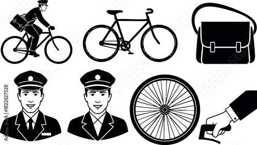 Vector set of postal worker bicyclist and related delivery icons