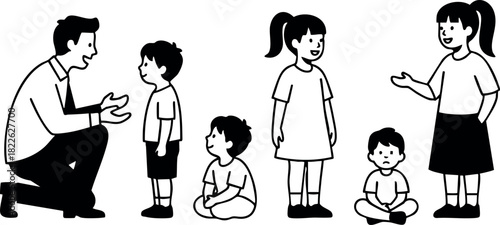 Vector illustration of children and adult interacting in simple black and white style