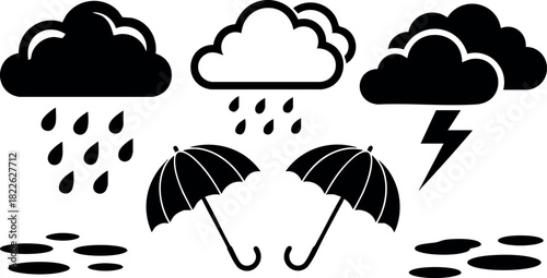 Black and white rain cloud and umbrella vector icons