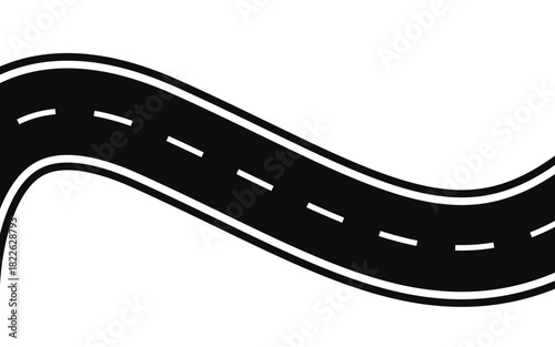 Curved highway road icon – winding roadway vector with dashed lane markings and black asphalt path design