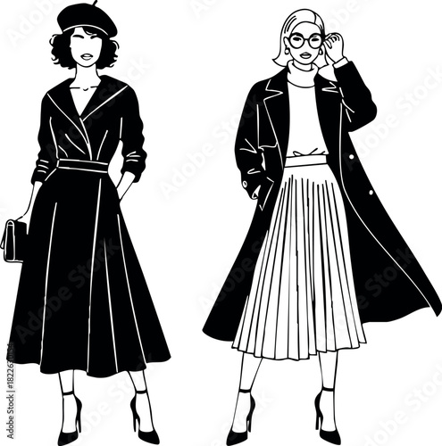 Elegant vintage women fashion illustration in black and white style