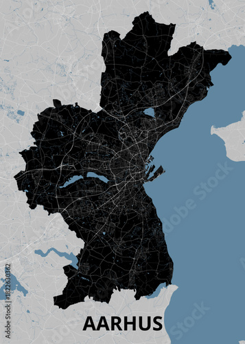 This image shows a detailed map of Aarhus, Denmark. The city's boundaries are outlined in black, with intricate street patterns visible within. Bodies of water, including lakes and coastal areas