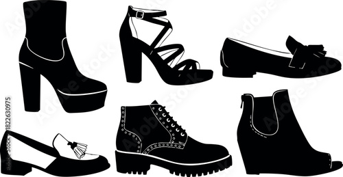 Black silhouette collection of high heel and flat shoes vector illustration