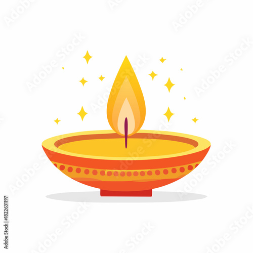 Decorative Diwali Oil Lamp with Flame and Sparkling Stars.