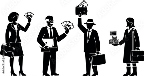 Business people holding money and credit cards in silhouette style