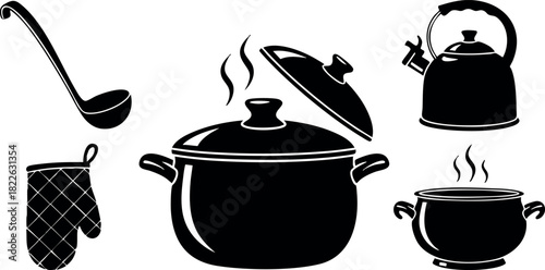 Kitchen cooking utensils vector set with pot kettle ladle and oven mitt