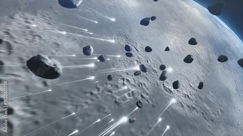 A vivid cosmic illustration depicting a planetary surface under an apocalyptic barrage of meteors and asteroids, with luminous impacts scarring the celestial body during an intense event