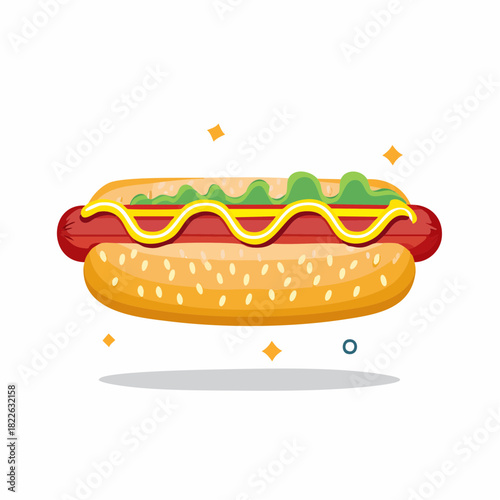 Delicious Cartoon Hot Dog with Mustard and Relish.