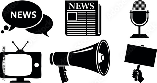 Black silhouette icons representing news media and broadcasting tools