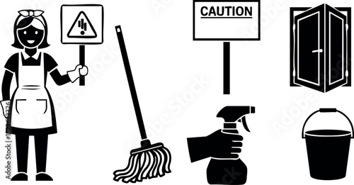 Cleaning maid holding caution sign with mop spray bottle bucket and open door vector illustration