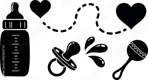 Baby feeding bottle pacifier maraca and heart icons silhouette vector